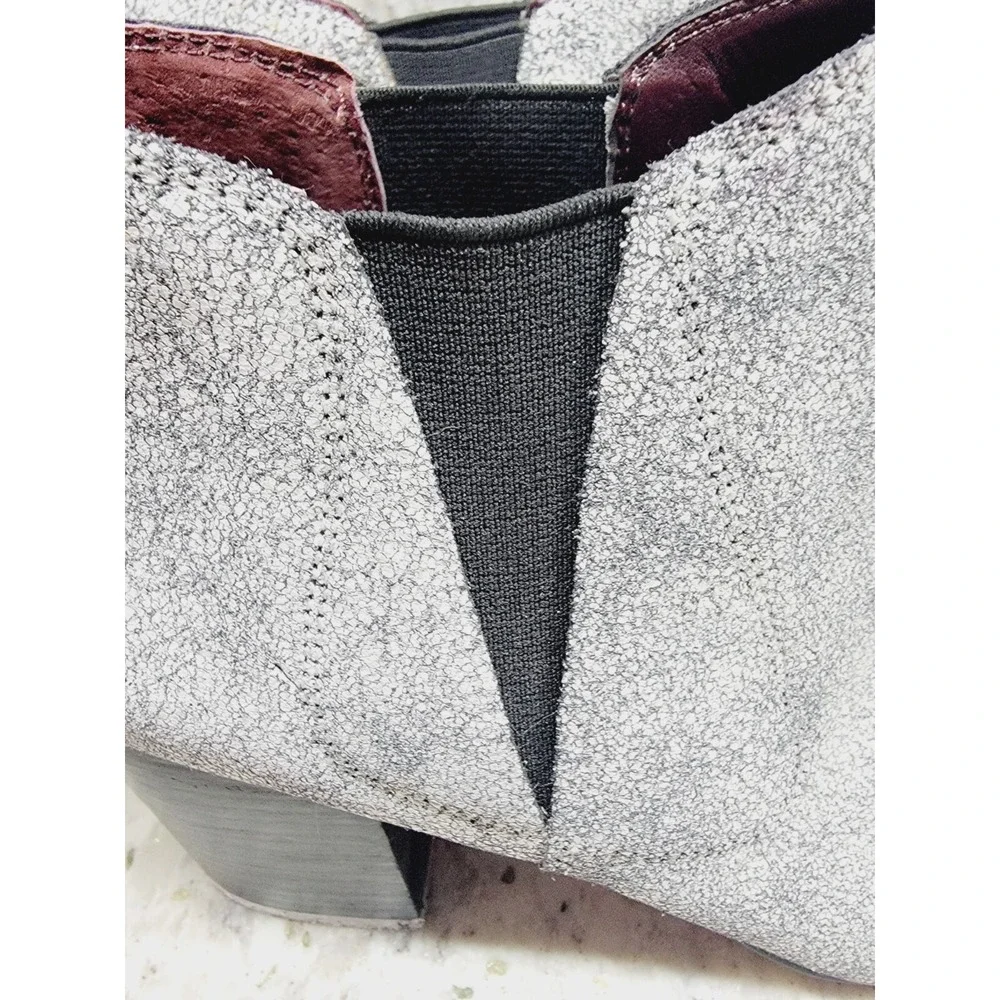 Report Signature 7M Silver Cracked Leather Pointed Toe Ankle Boots Block Heel‎